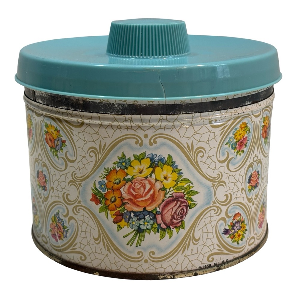 Vintage Floral Flower‎ Tin Container with Blue Lid